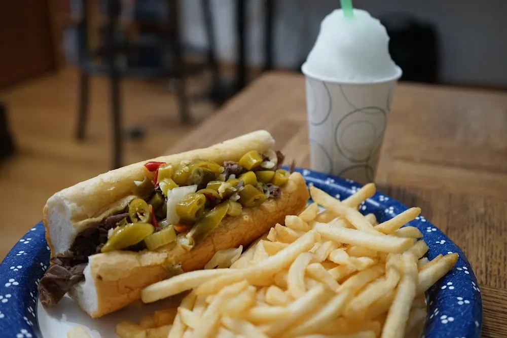 Italian Beef not Dipped Hot with Fries and Italian Ice