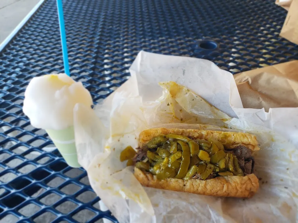 Italian Beef Sandwich with Hot Peppers Plus Fries and Italian Ice